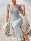Women Spring Summer Style Knitted Dress Lady Casual Short Sleeve Square Collar Side Slit Dress Vestidos