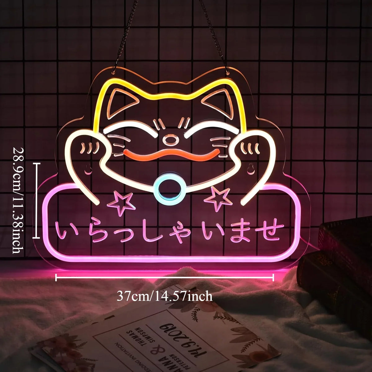Neon Sign Maneki Neko Welcomes Fortune Cute Beckoning Cat with Welcome Sign for Restaurant Shop Home Bar Decor LED Night Light