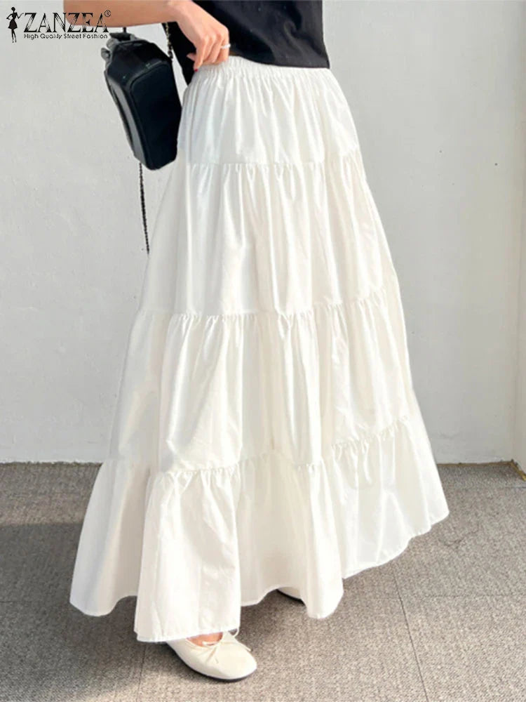 ZANZEA Women Korean Fashion Tiered Maxi Skirt Elastic Waist Casual Solid Color A-line Faldas Mujer Holiday Streetwear Long Jupes