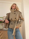 Belted Waist Cropped Trench Jackets Women Double Breasted Stand Collar Coats 2025 Autumn Chic Casual Vintage Jacket Women Cloth