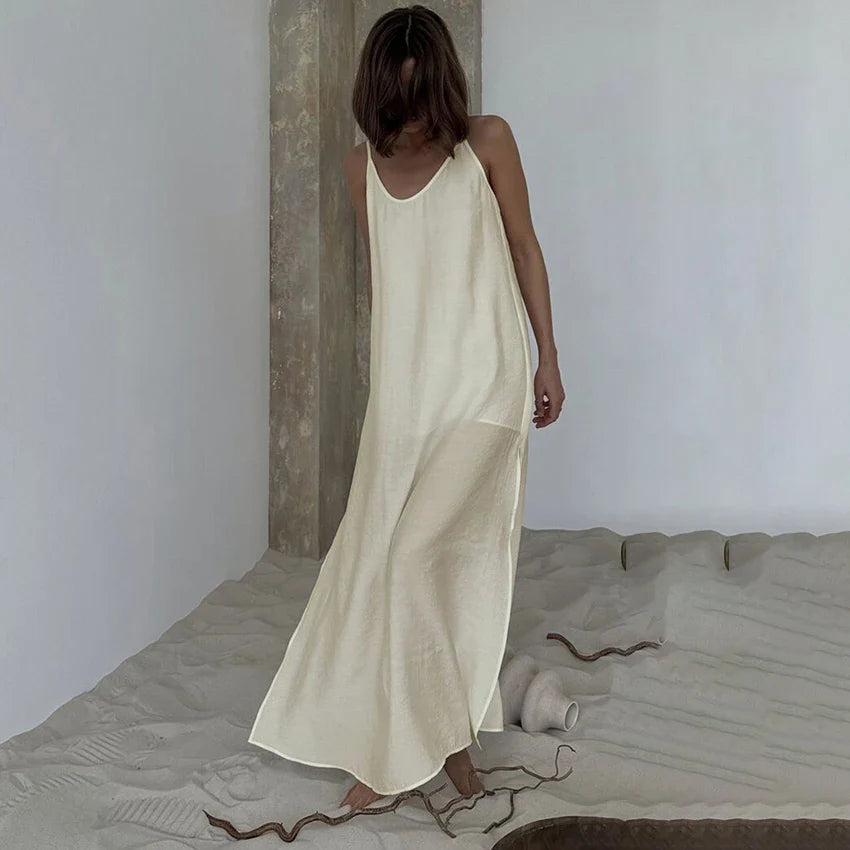Linad Summer Casual White Long Dress Sexy Loose Backless Split Dresses Woman Street Chic V Neck Straight Dress For Women 2025