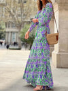 Women's Autumn New Fashionable Printed Sexy V-neck Long Sleeve High Waist Elastic Waist Medium Length Bohemian Dress