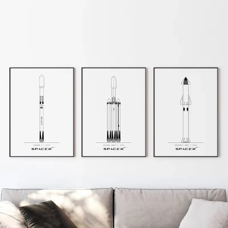 NASA and SpacX Poster Minimalist Space Rocket Blueprints Canvas Painting Modern Wall Art Picture for Living Room Home Decor