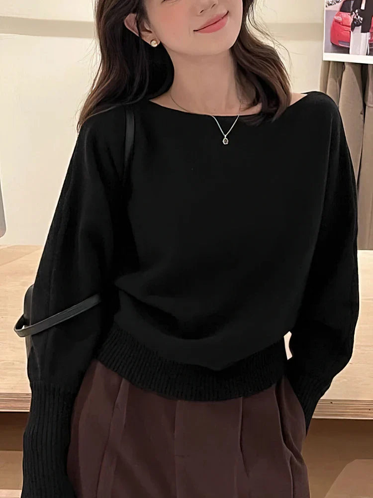 Batwing Long sleeve Knitted Pullover Women 300g Thick Off shoulder Top Korean Fashion Sweater Loose Casual Autumn Outwear Pull