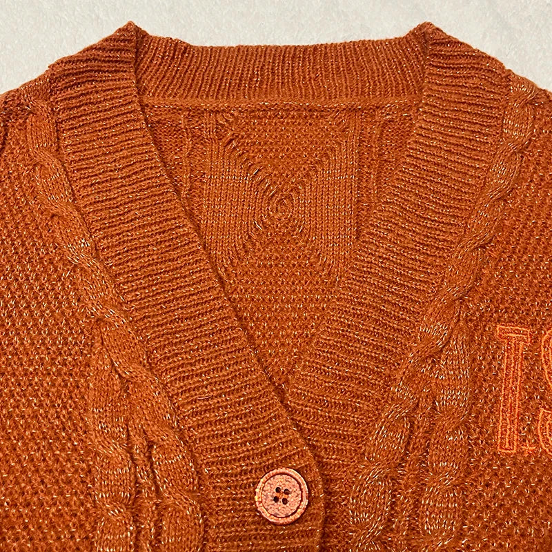 Glittery TS Cardigan Women Orange Chunky Knit Sweater with Star Embroidery Gold Thread Showgirl Cardigan Tay Cardi TLOAS