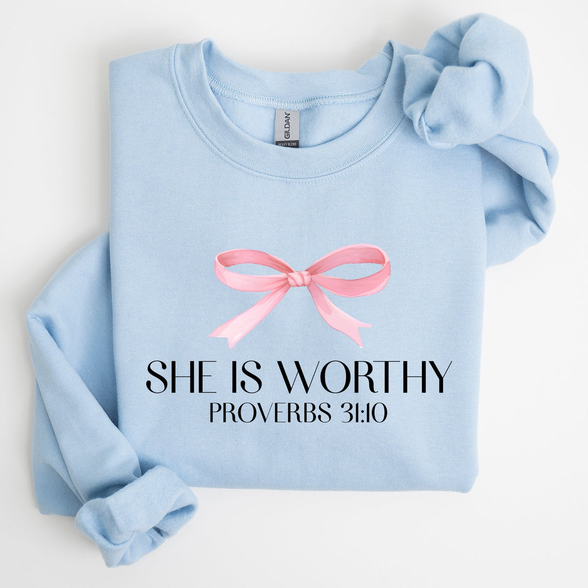 She Is Worthy Bible Verse Christmas Bow Pink Proverbs Soft Girl Era Inspirational Sweatshirt