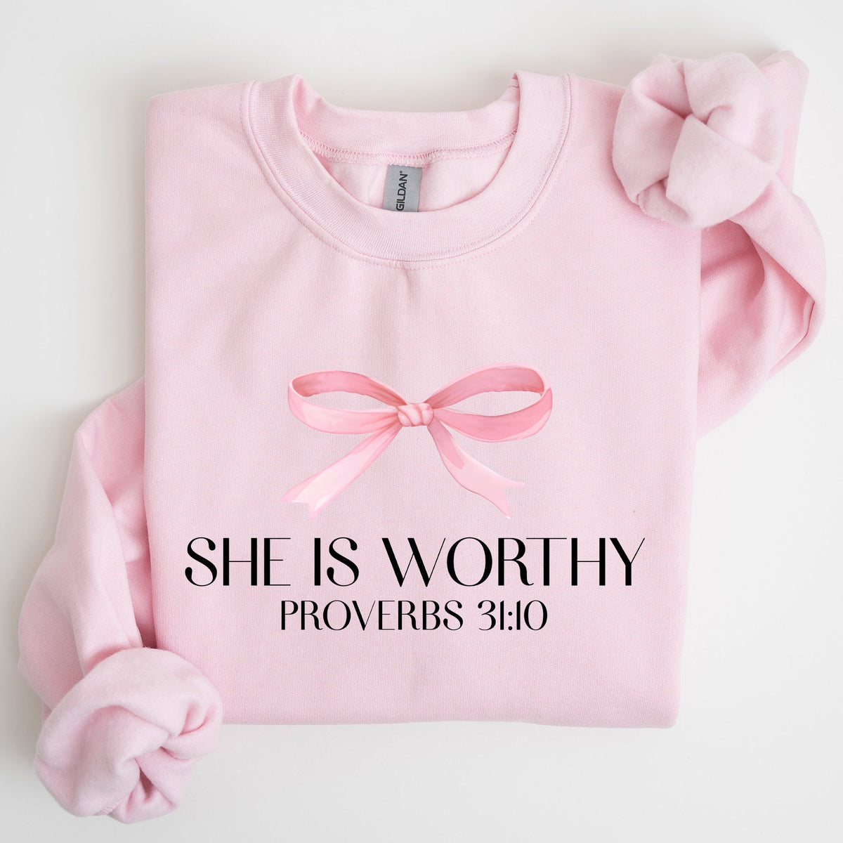 She Is Worthy Bible Verse Christmas Bow Pink Proverbs Soft Girl Era Inspirational Sweatshirt