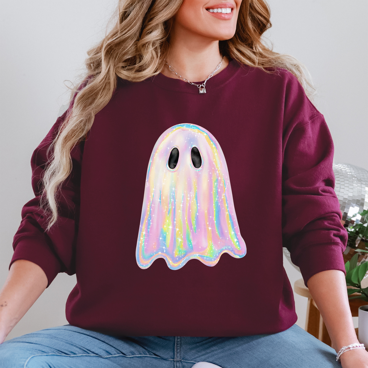 Shimmering Ghost Iridescent Boo Cute Ghost Faux Glitter Spooky Season Halloween Sweatshirt