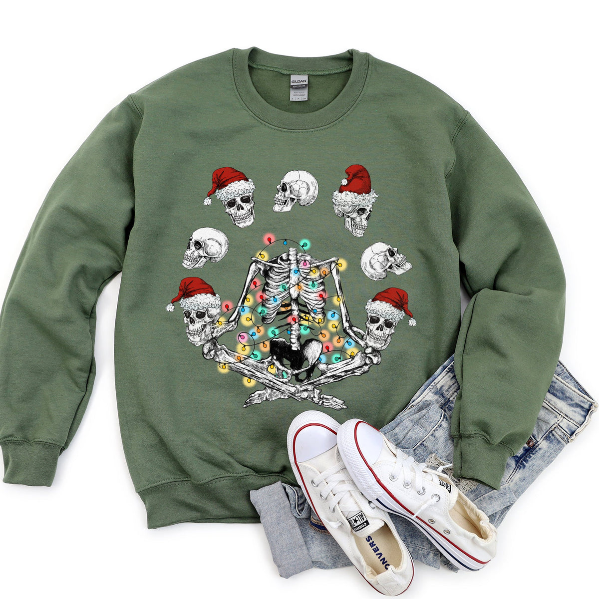 Skeleton Christmas Juggling Yoga Illustration Holiday Skeleton Silhouette Sweatshirt