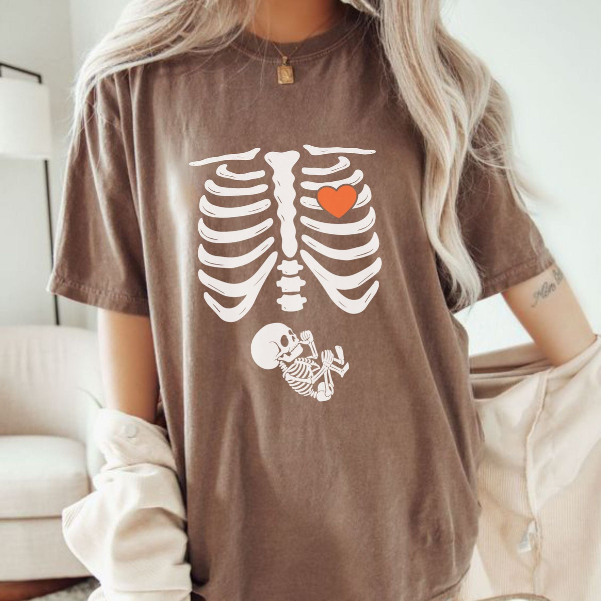 Skeleton Halloween Maternity T-Shirt - Funny Pregnancy Announcement Tee, Spooky Baby Reveal