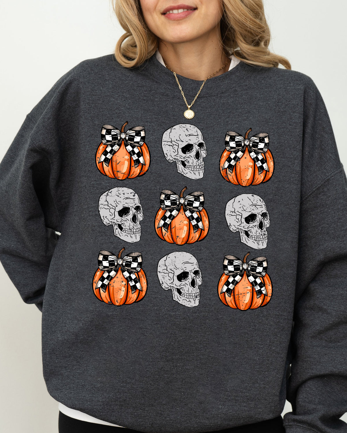 Skulls And Checkered Pumpkins Coquette Ribbons And Bows Halloween Inspired Sweatshirt