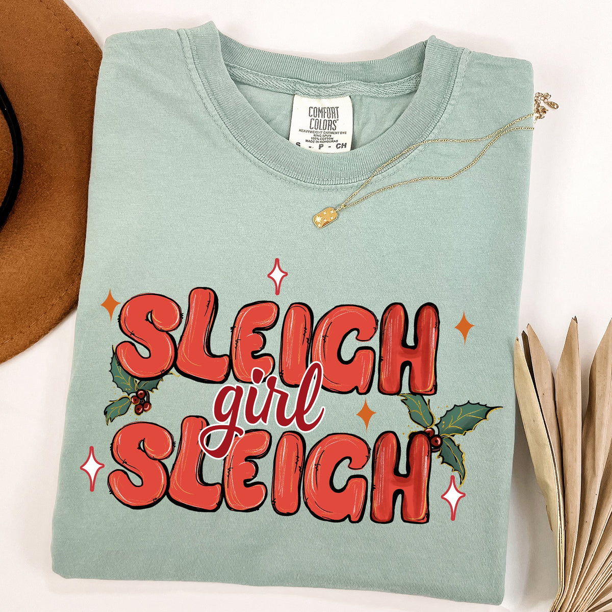 Sleigh Girl Sleigh Christmas Holly Retro Santa Xmas Seasonal Graphic Ornament Comfort Colors Tee