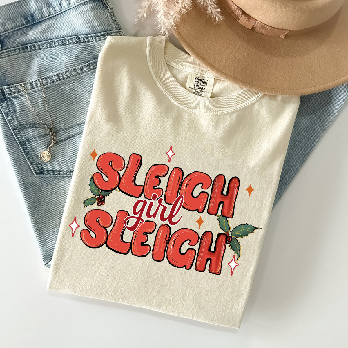 Sleigh Girl Sleigh Christmas Holly Retro Santa Xmas Seasonal Graphic Ornament Comfort Colors Tee