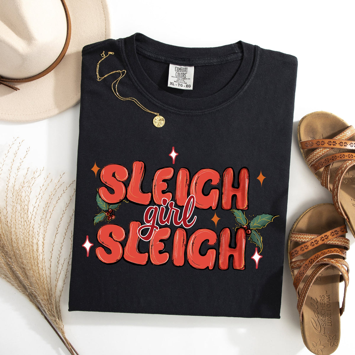 Sleigh Girl Sleigh Christmas Holly Retro Santa Xmas Seasonal Graphic Ornament Comfort Colors Tee