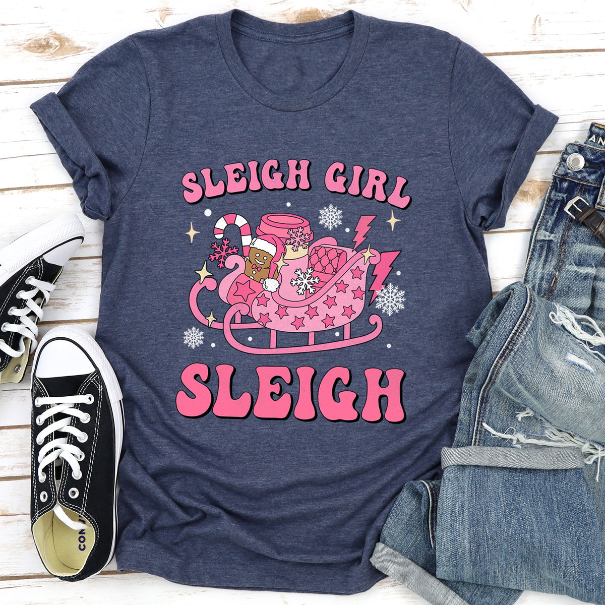 Sleigh Girl Sleigh Christmas Retro Vintage Snow Scene Cozy Nostalgia Festive Cheer Across Winter Night Graphic Tee