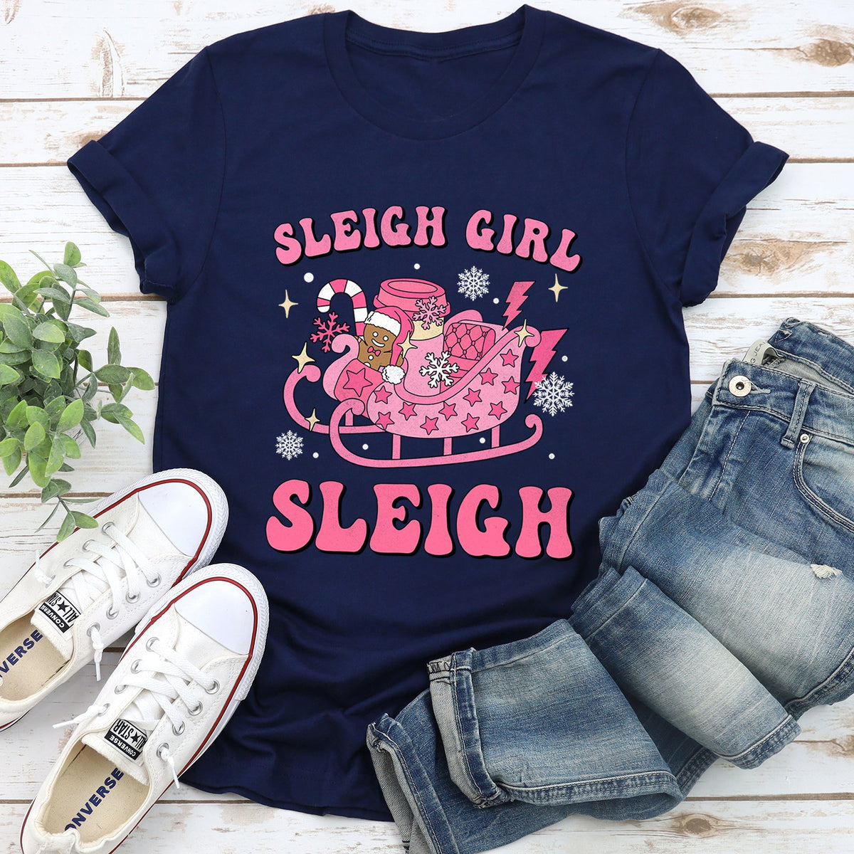 Sleigh Girl Sleigh Christmas Retro Vintage Snow Scene Cozy Nostalgia Festive Cheer Across Winter Night Graphic Tee