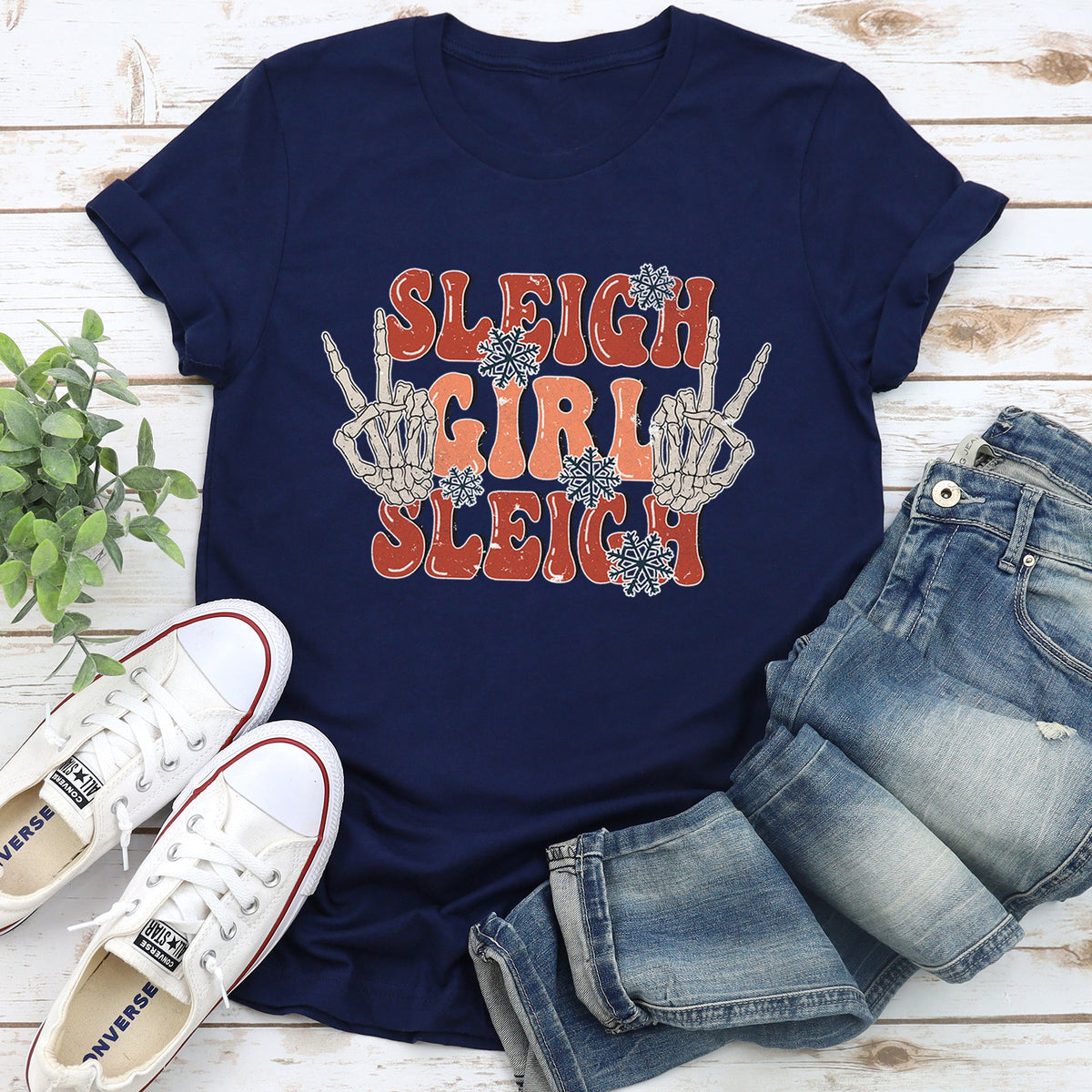 Sleigh Girl Sleigh Skeleton Christmas Retro Festive Vintage Inspired Graphic Tee