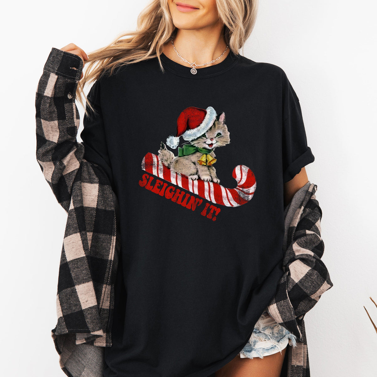 Sleighing It Cute Kitty Cat Christmas Santa Xmas Holiday Cheer Snow Globe Edition Comfort Colors Tee