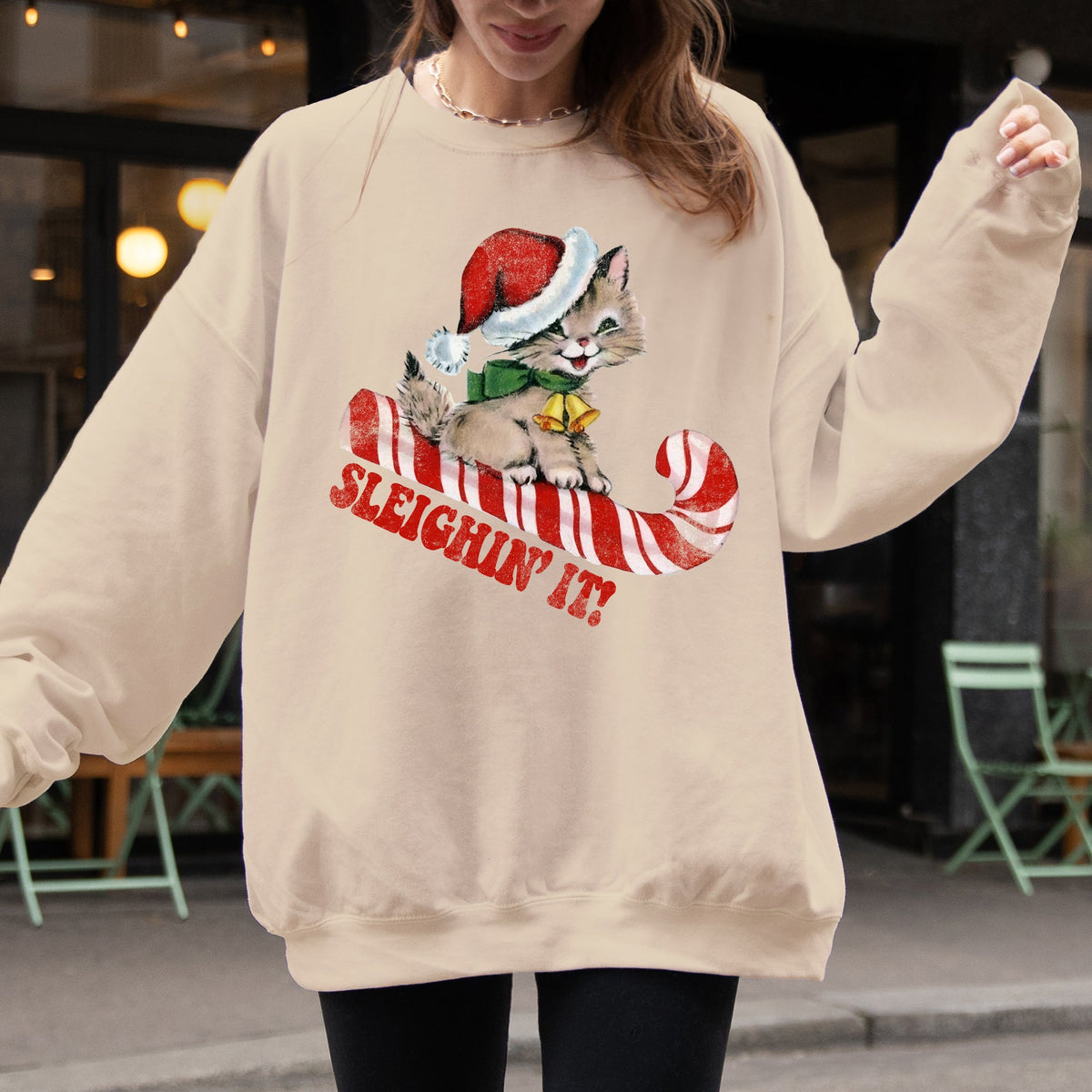 Sleighing It Cute Kitty Christmas Santa Xmas Winter Fun Cozy Fleece Warm Sweatshirt