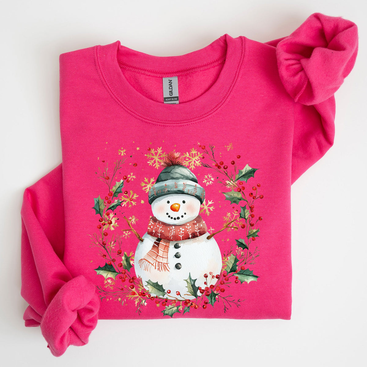 Festive Decorative Snowman Wreath Holiday Botanical Holly Santa Scene Graphic Sweatshirt