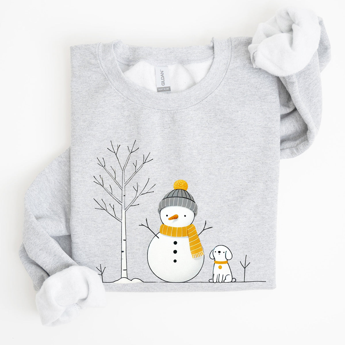 Snowman And Dog Winter Scene With Christmas Tree And Snowflake Accents Graphic Sweatshirt