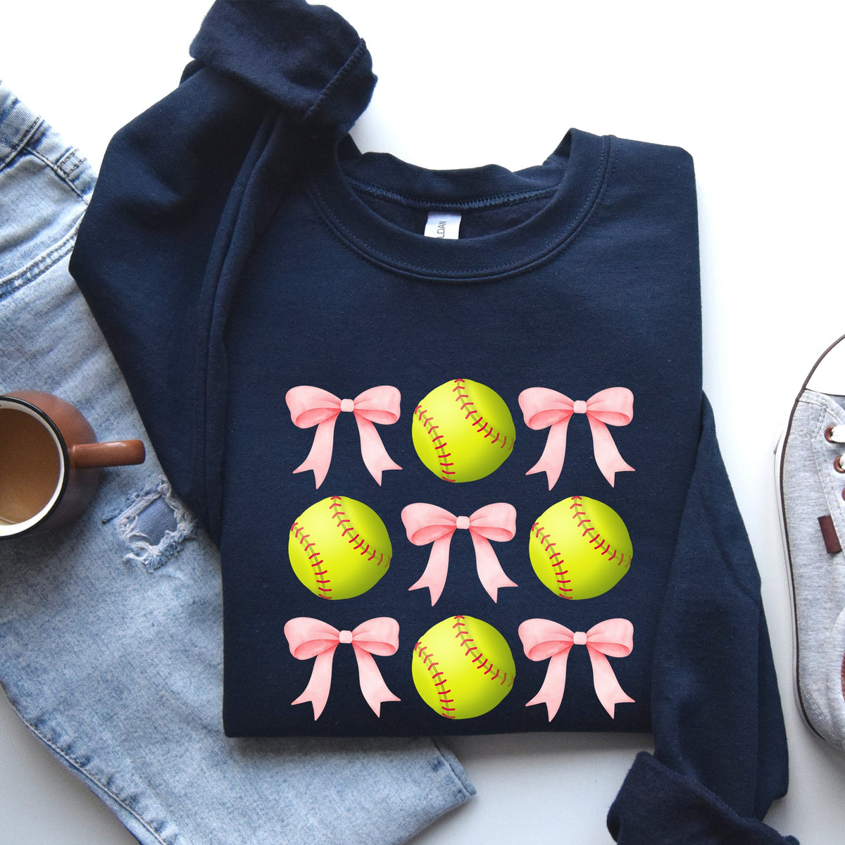 Softball Pink Bows Sports Coquette Vintage Inspired Soft Touch Cozy Fleece Sweatshirt