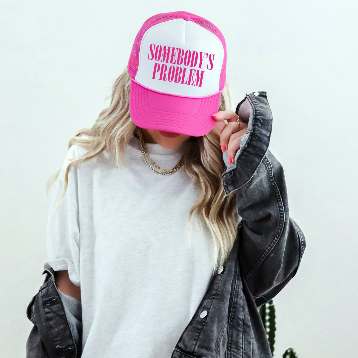 Somebody’s Problem Sassy Funny Bright Pink Snapback Statement Graphic Trucker Hat