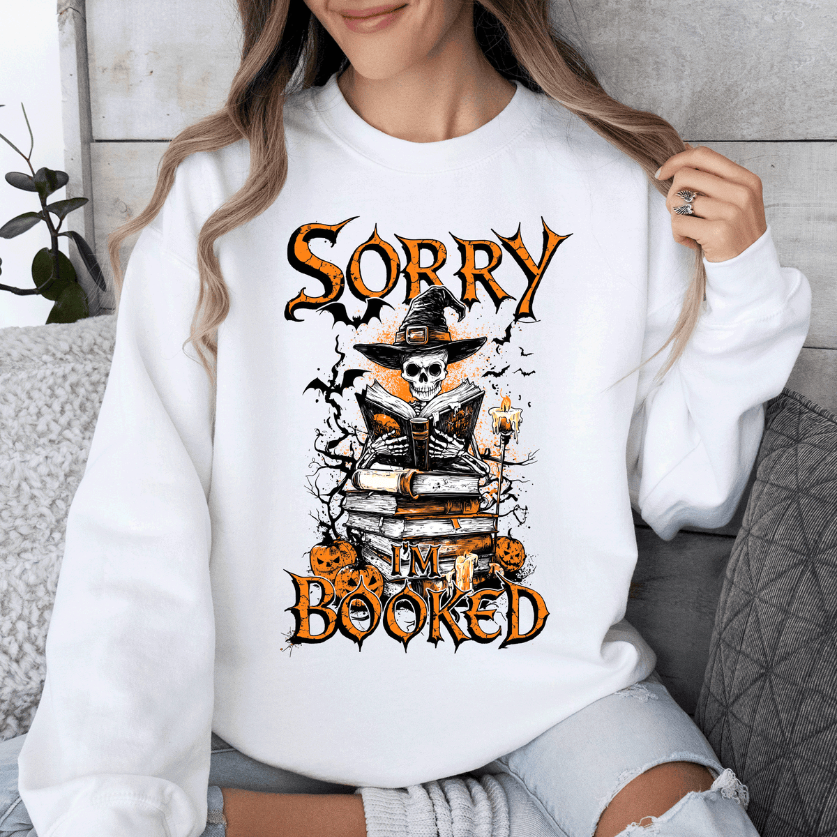Sorry I'm Booked, Skeleton, Halloween, Library, Reading, Spooky Book Club Vibe Sweatshirt