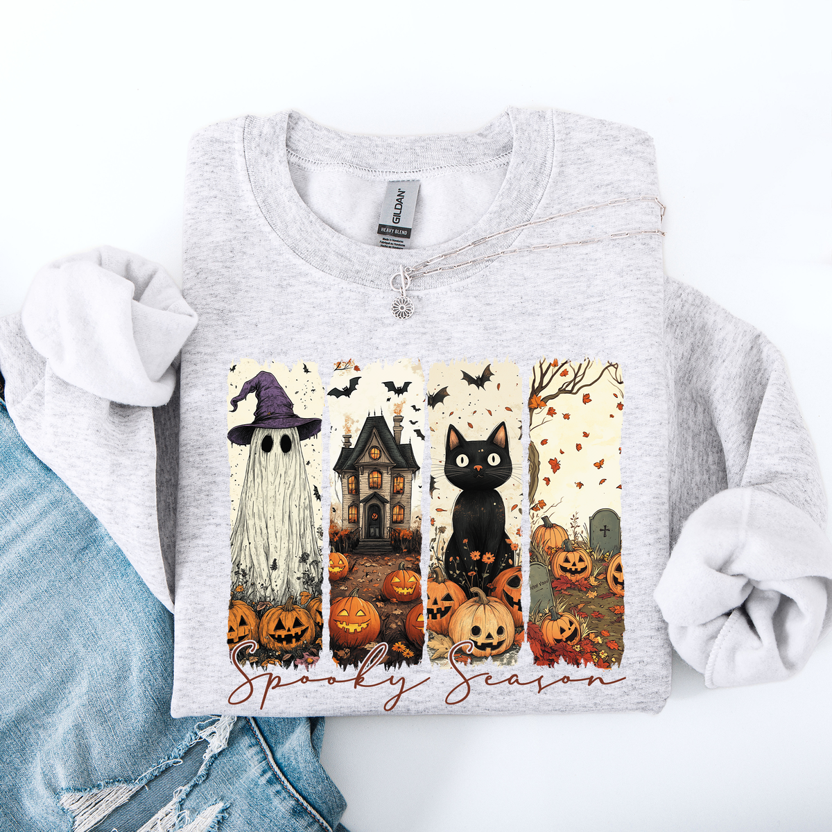 Spooky Season Striped Halloween Cat Ghost Pumpkins Autumn Cozy Classic Sweatshirt