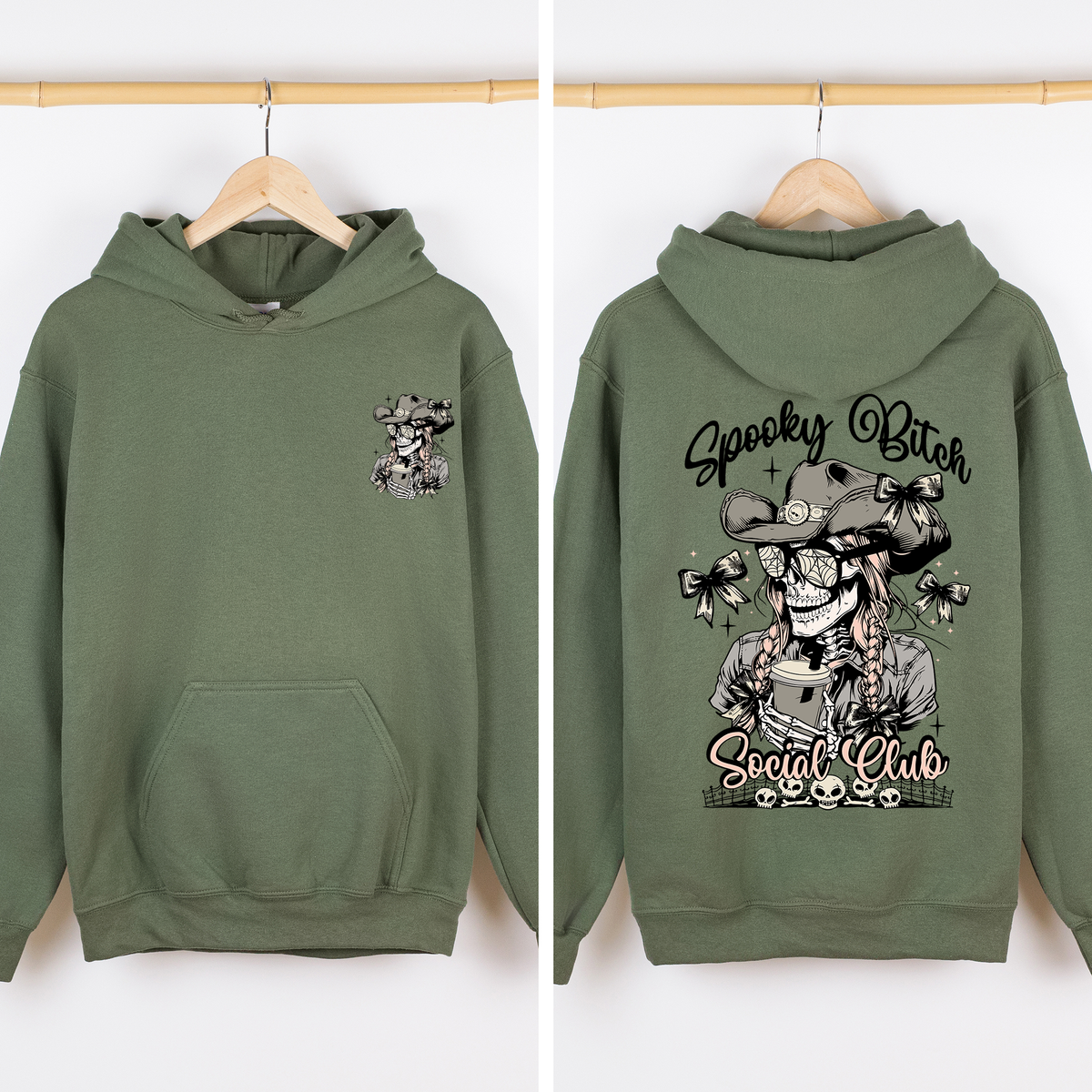 Spooky Bitch Social Club Skeleton Coquette Halloween Retro Goth Vintage Noir Graphic Hoodie