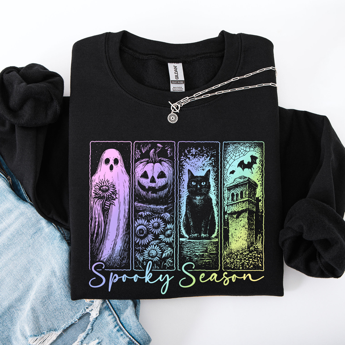 Spooky Season Graphic Sweatshirt With Retro Halloween Pastel Ghost Design And Faux Denim Accent