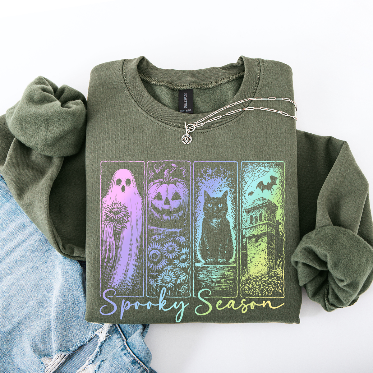 Spooky Season Graphic Sweatshirt With Retro Halloween Pastel Ghost Design And Faux Denim Accent