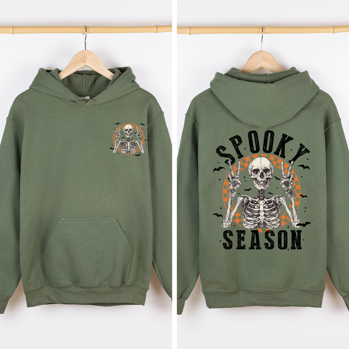 Spooky Season Front And Back Skeleton With Ghosts And Witch Motifs Halloween Themed Hoodie