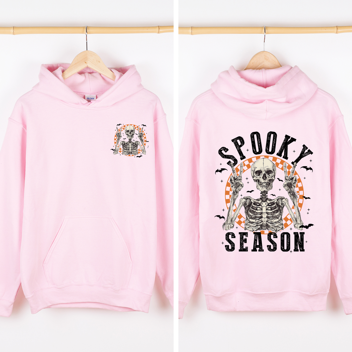 Spooky Season Front And Back Skeleton With Ghosts And Witch Motifs Halloween Themed Hoodie