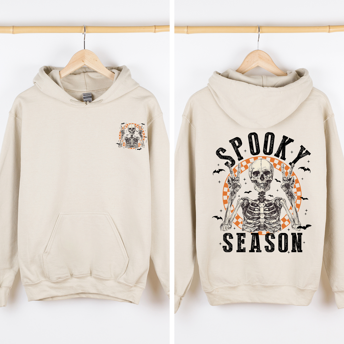 Spooky Season Front And Back Skeleton With Ghosts And Witch Motifs Halloween Themed Hoodie