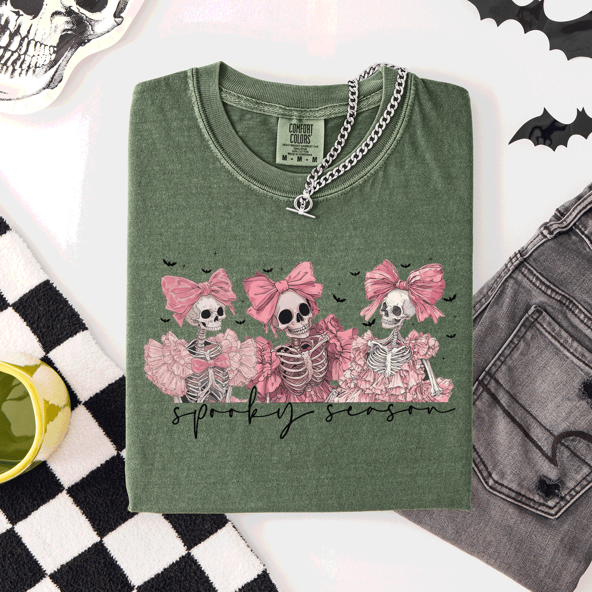 Spooky Season Skeletons Coquette Ribbon Bows Halloween Graphic Comfort Colors Tee