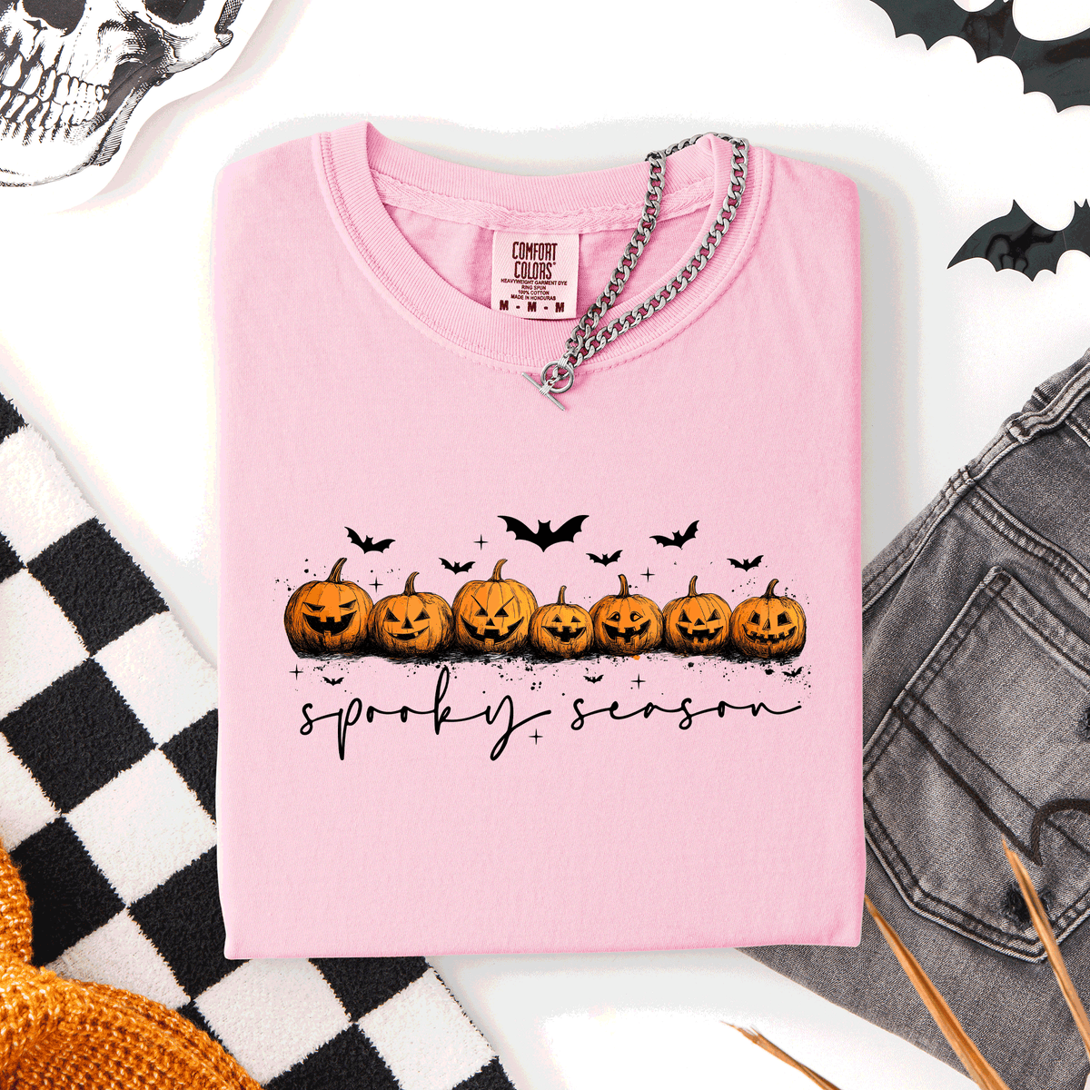 Spooky Season Pumpkins Halloween Pink Skeletons With Bow Adornments Comfort Colors Tee
