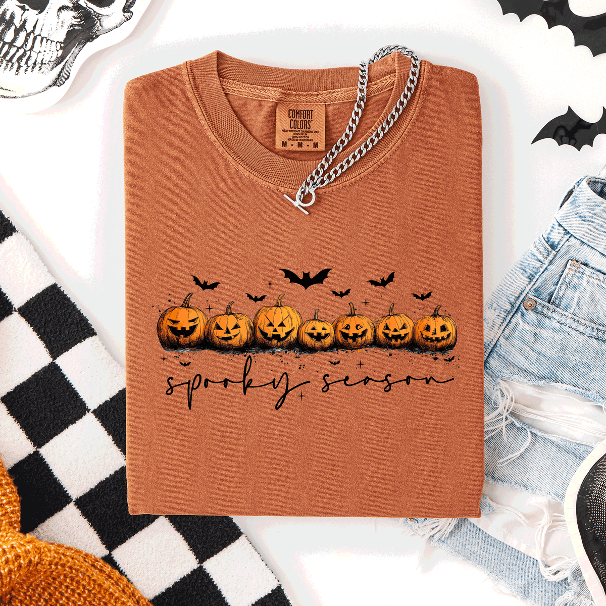Spooky Season Pumpkins Halloween Pink Skeletons With Bow Adornments Comfort Colors Tee