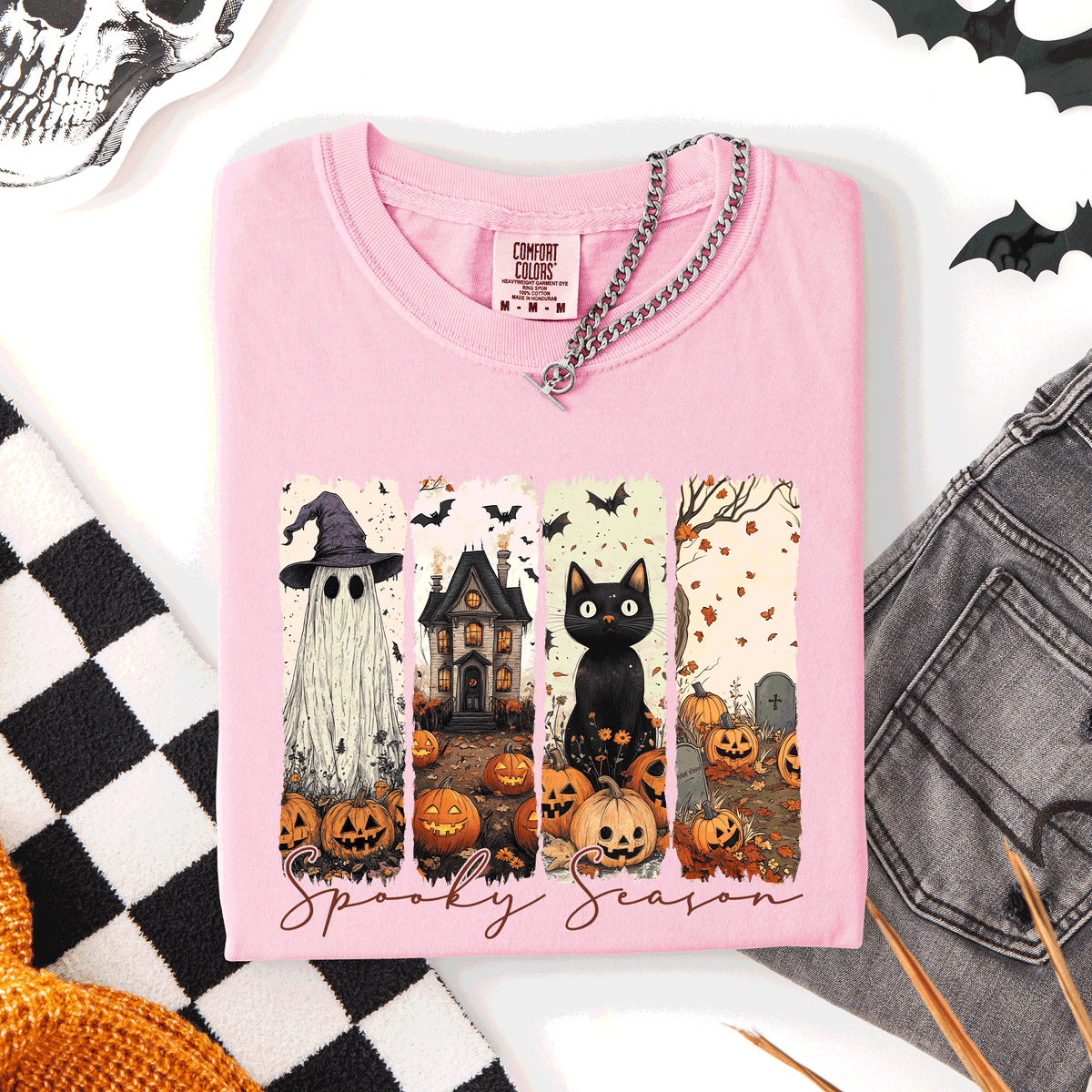 Spooky Season Stripes Halloween Cat Ghost Pumpkins Autumn Fall Comfort Colors Tee
