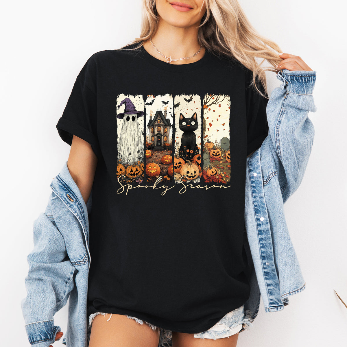 Spooky Season Stripes Halloween Cats Ghosts Pumpkins Autumn Whimsical Graphic Tee