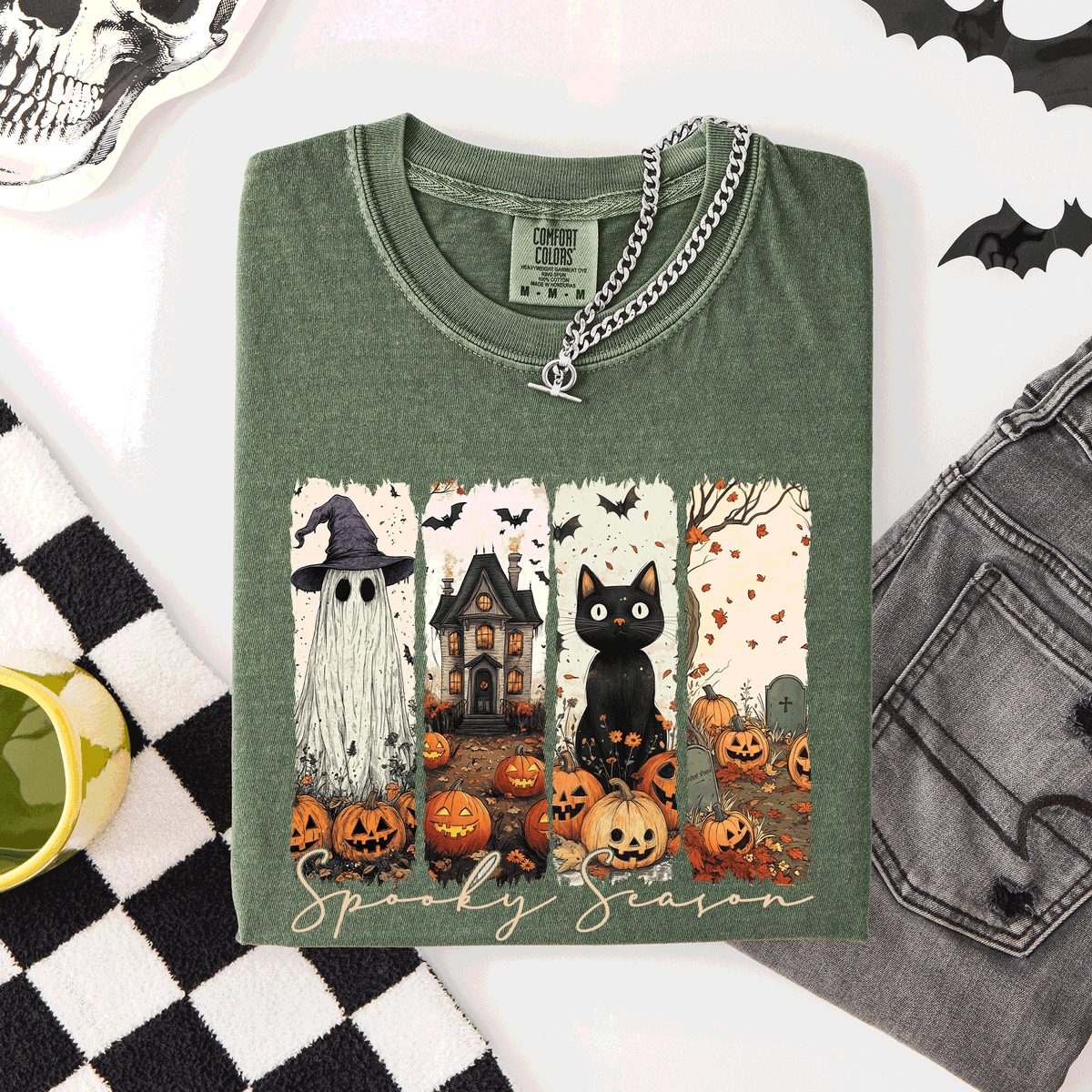 Spooky Season Stripes Halloween Cat Ghost Pumpkins Autumn Fall Comfort Colors Tee