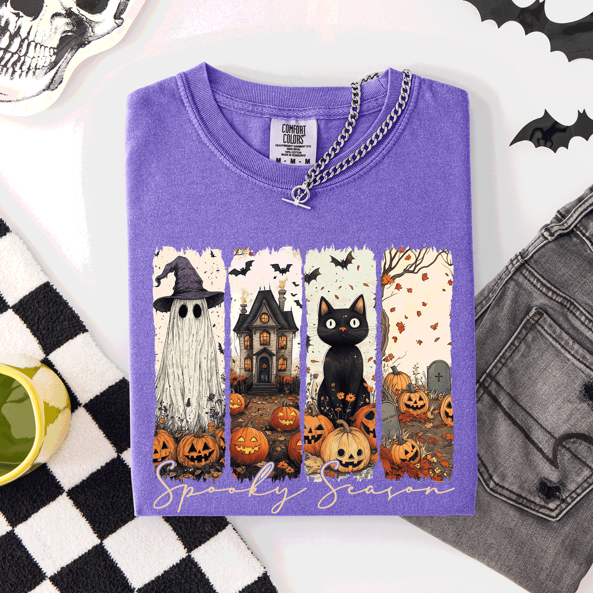 Spooky Season Stripes Halloween Cat Ghost Pumpkins Autumn Fall Comfort Colors Tee