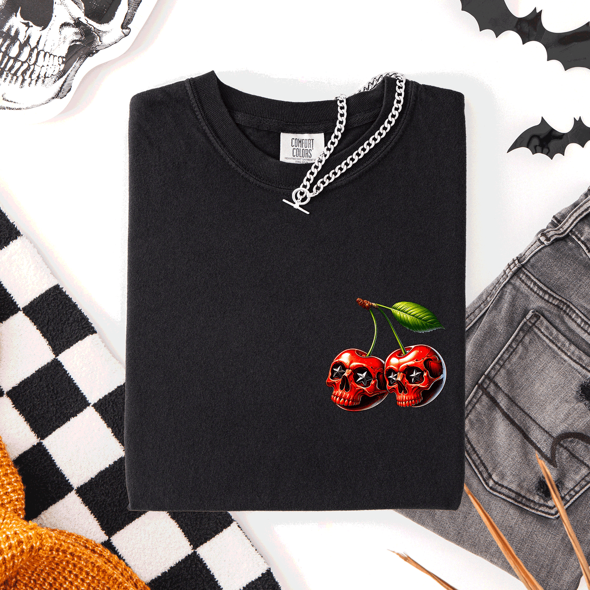 Spooky Skull Cherries Halloween Skeleton Stars Whimsical Night Sky Comfort Colors Tee