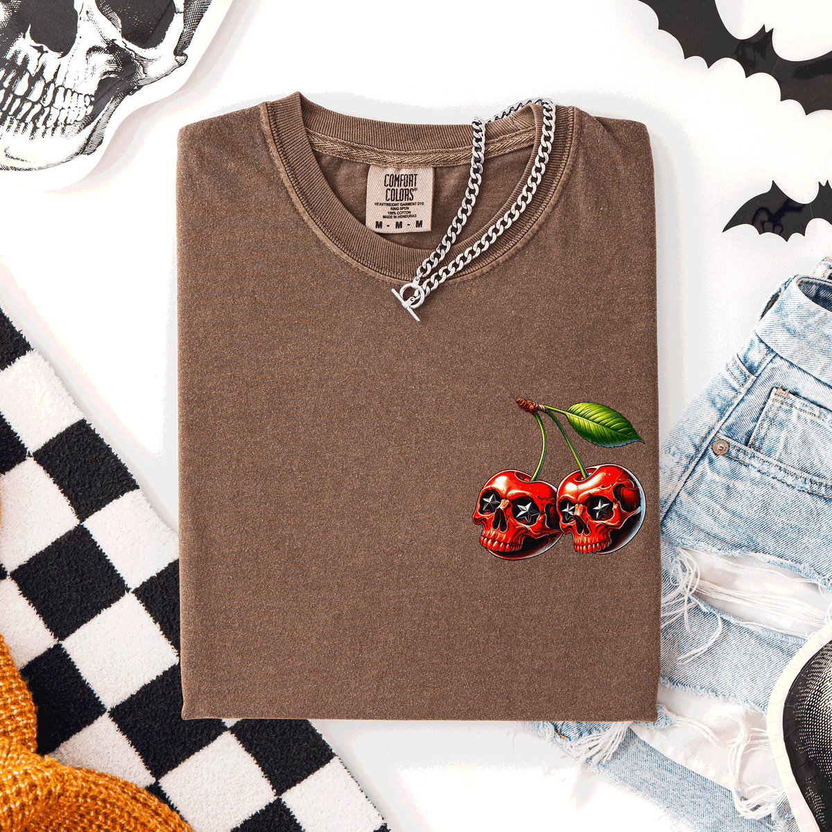 Spooky Skull Cherries Halloween Skeleton Stars Whimsical Night Sky Comfort Colors Tee
