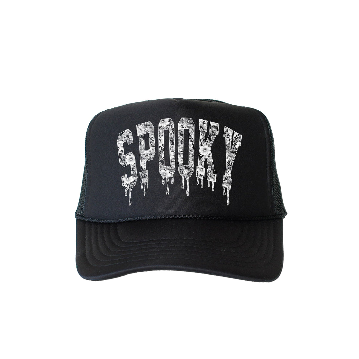 Spooky Faux Lace Halloween Graphic Print With Edgy Snarky Vibes And Bold Statement Trucker Hat