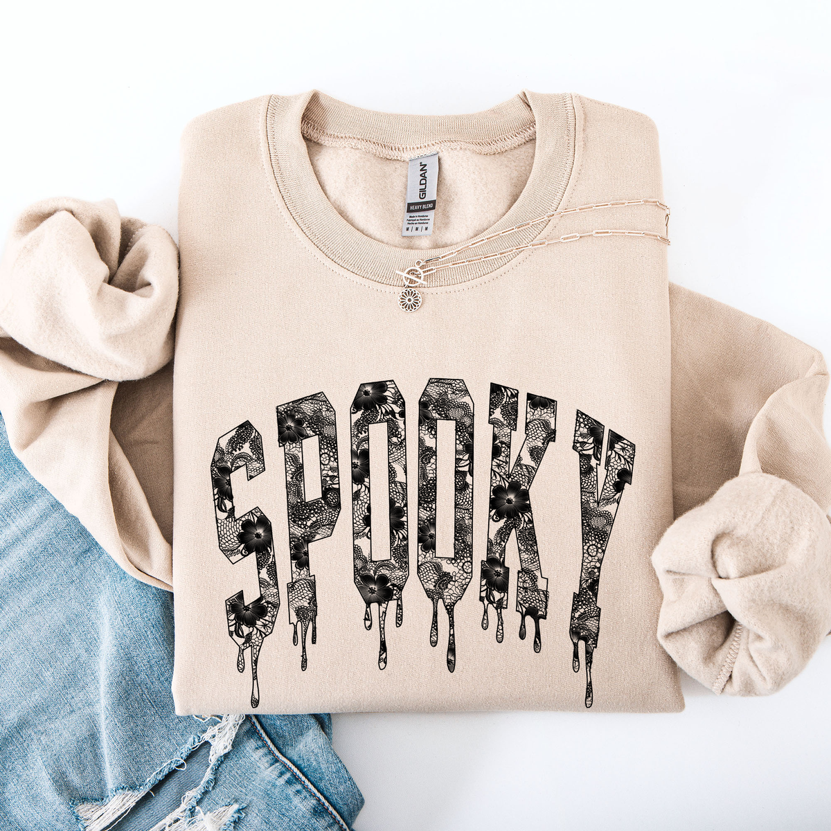 Spooky Faux Lace Halloween Coquette Embellished Vintage Gothic Ornament Sweatshirt