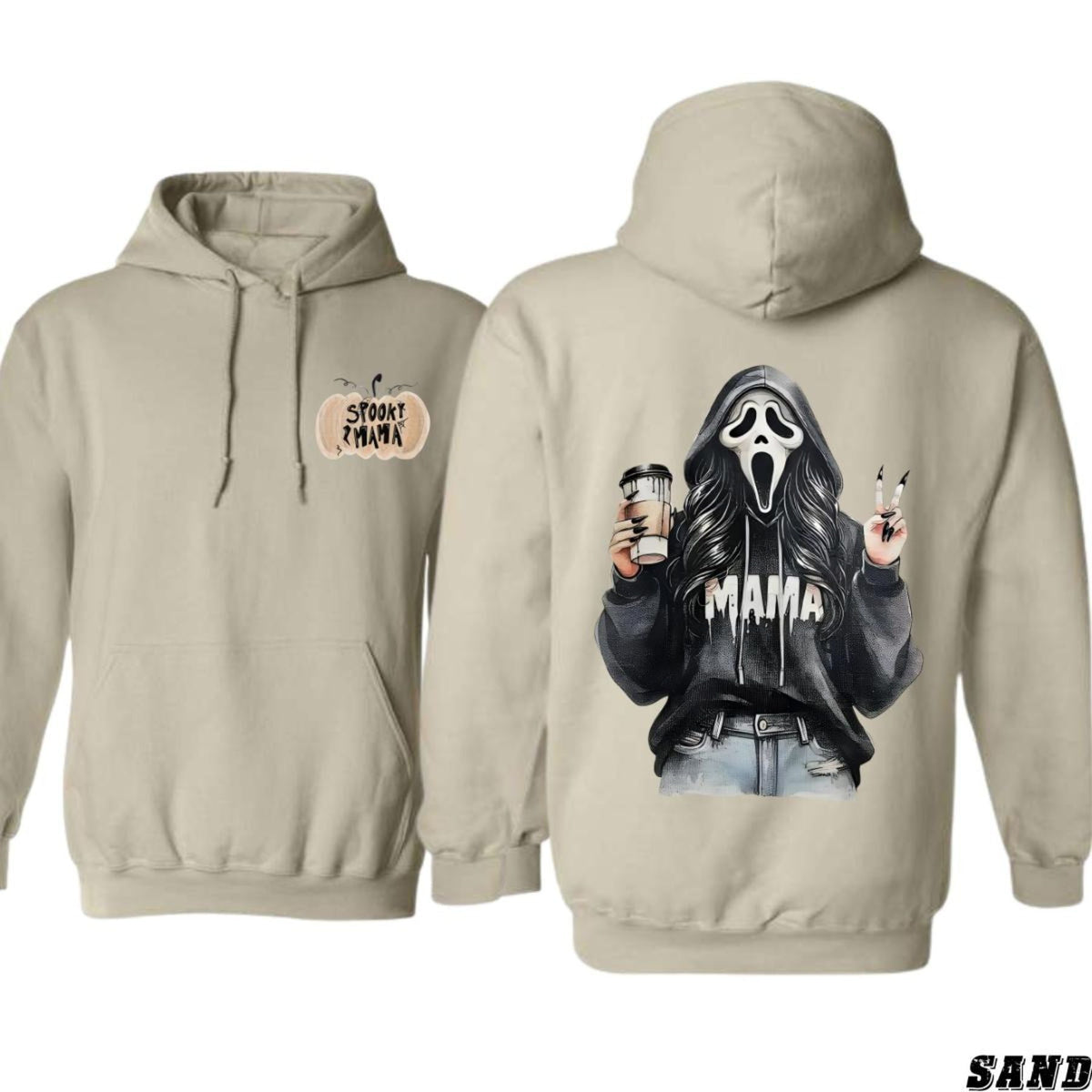 Spooky Mama Coffee Ghost Hoodie – Cozy Unisex Pullover for Moms, Fun Halloween Design, Perfect for Fall, Pumpkin Patch & Trick or Treating