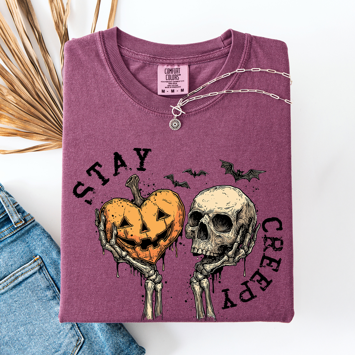 Stay Creepy Halloween Pumpkin Heart Skeleton Bats Leopard Print Checkered Comfort Colors Tee