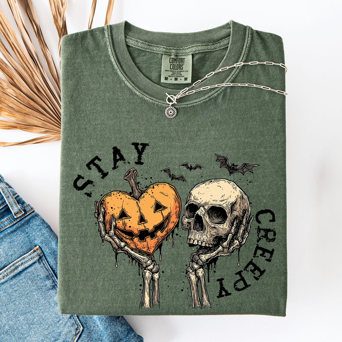 Stay Creepy Halloween Pumpkin Heart Skeleton Bats Leopard Print Checkered Comfort Colors Tee