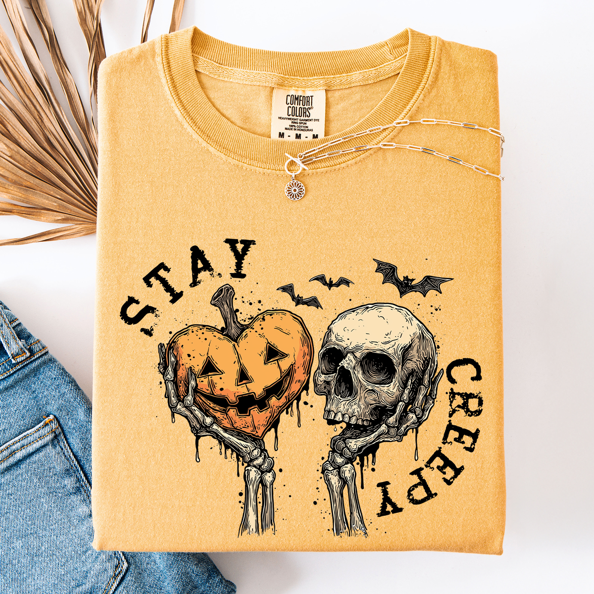 Stay Creepy Halloween Pumpkin Heart Skeleton Bats Leopard Print Checkered Comfort Colors Tee